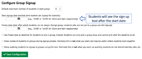 A screenshot of the configuration page for the Signup tool with a tag indicating where to set up a start date